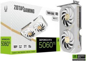 ZOTAC GAMING GeForce RTX 5060 Ti Twin Edge OC Graphics Card, 16GB GDDR7 128-Bit Memory, 2602 MHz Engine Clock, 28 Gbps Memory Clock, 4608 CUDA Cores, PCI Express 5.0 x8, White | ZT-B50620Q-10M