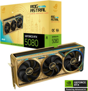 ASUS ROG Astral GeForce RTX 5080 Dhahab CORE OC 16GB Graphics Card, GDDR7 256-Bit Memory, 2760 MHz Boost Clock, 10752 CUDA Cores, 30 Gbps Memory Speed, Gold | 90YV0LV6-M0NM00