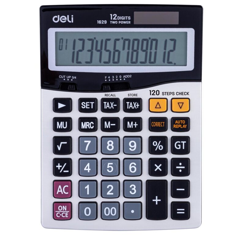 Deli E1629 12-Digit Dual-Power Calculator with 120-Step Check & Tax Function