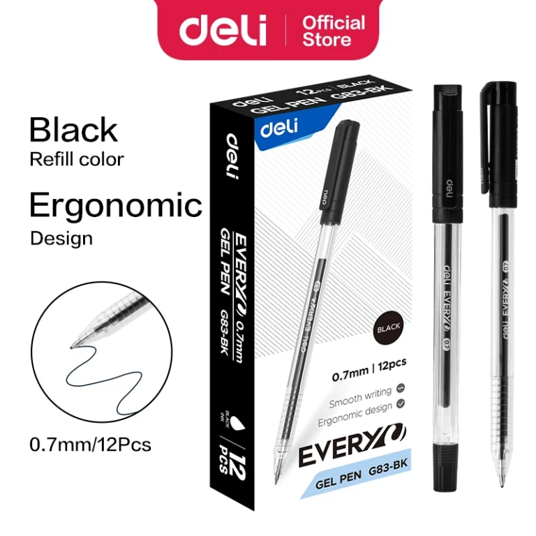 Deli EG83-BK Gel Pens, 0.7 mm, Black, Pack of 12