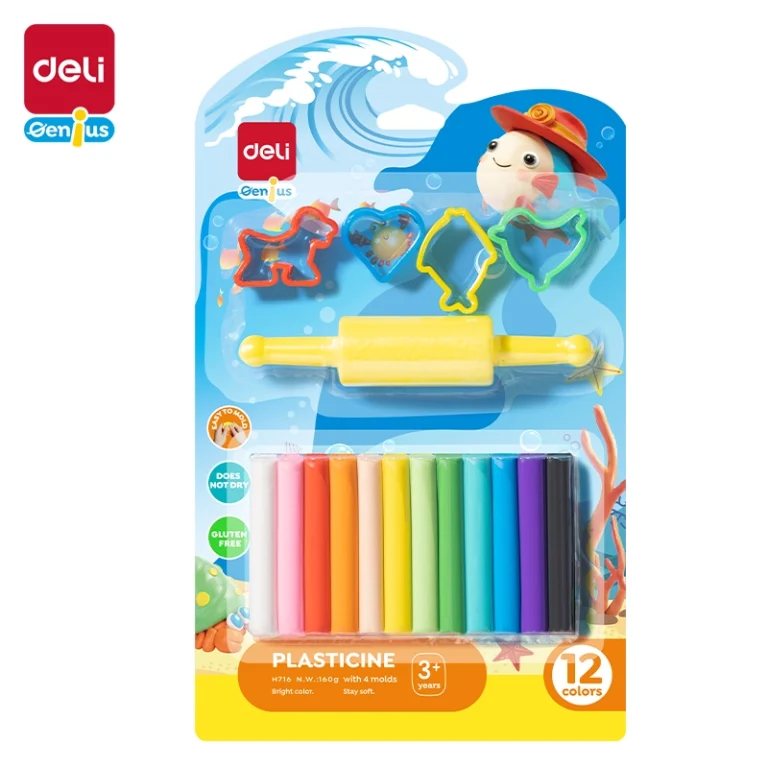 Deli Plasticine 160gm with 4 Models and 1 Roller 12 Colors | EH716