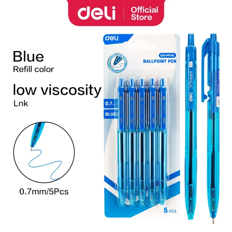 Deli EQ20-MT-BL Ballpoint Pens, 0.7 mm, Blue, Pack of 5
