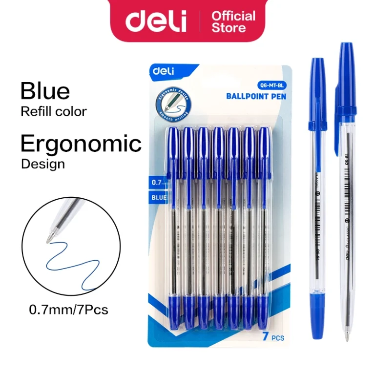 Deli EQ6-MT-BL Ballpoint Pens, 0.7 mm, Blue, Pack of 7