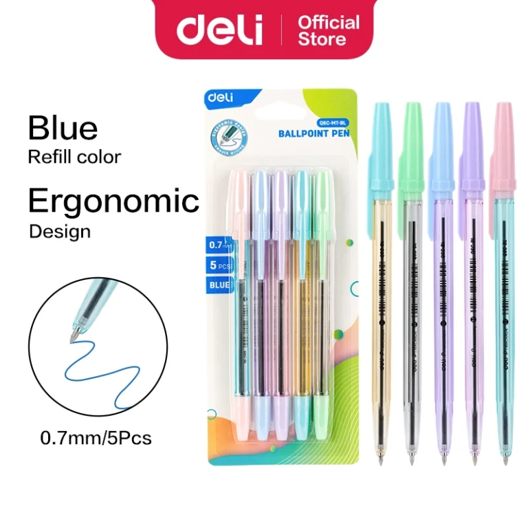 Deli EQ6C-MT-BL Ballpoint Pens, 0.7 mm, Blue, Pack of 5