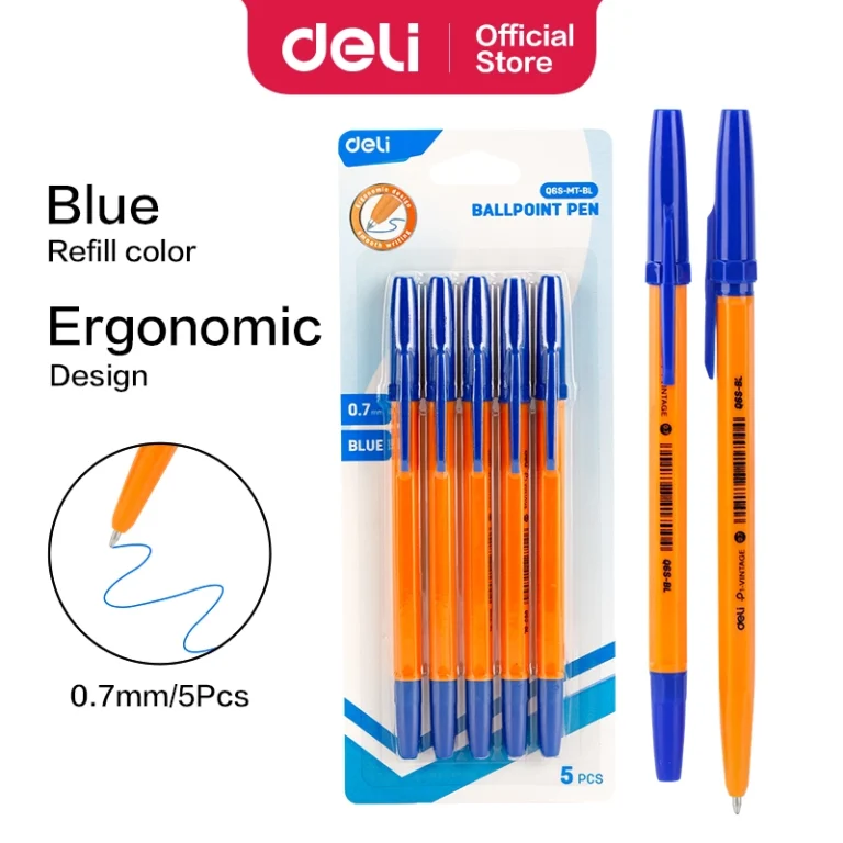 Deli EQ6S-MT-BL Ballpoint Pens, 0.7 mm, Blue, Pack of 5