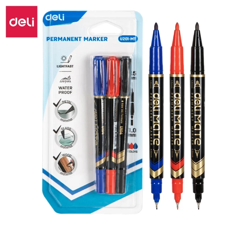 Deli Dual Tip Permanent Marker (1×3) BK, BL, RD | EU201-MT