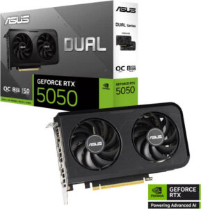 ASUS Dual GeForce RTX 5050 OC Edition Graphics Card, 8GB GDDR6 128-Bit Memory, 2647 MHz Boost Clock, 20 Gbps Memory Speed, 2560 CUDA Cores, PCI Express 5.0, Black | 90YV0N72-M0NA00