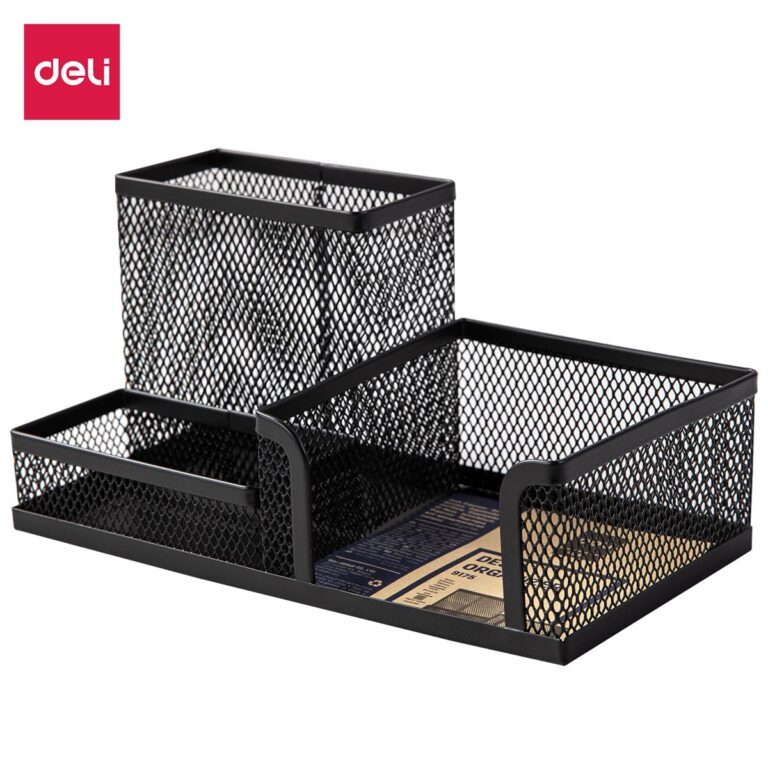 Deli E9175 Three-compartment Mesh Desk Organiser, Black, 215 × 75 × 53 mm