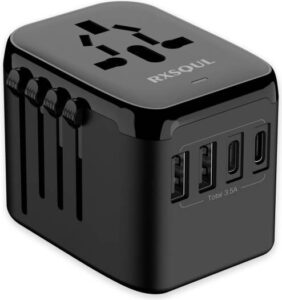 RXSQUL 5 in 1 Universal Travel Adapter, Dual USB C & USB A Ports, Fast Charging Wall Charger for USA, UK, EU, AUS, Asia, 150 Countries Compatible Travel Plug Converter, Black | OL-212