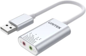 Unitek USB 2.0 External Sound Card Adapter for Stereo Audio, USB2.0 A-Male Upstream, 1 x DC3.5 Input, 1x DC3.5 Output, 20cm Cable Length, Plug And Play, Aluminium Housing, Silver | Y-247A