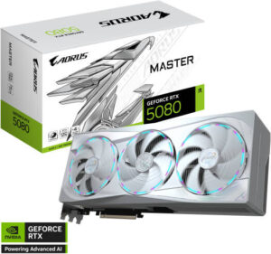 GIGABYTE AORUS GeForce RTX 5080 MASTER ICE Graphics Card, 16GB GDDR7 256-Bit Memory, 2805 MHz Core Clock, 30 Gbps Memory Clock, 10752 CUDA Cores, PCI-Express 5.0, White | GV-N5080AORUSM ICE-16GD