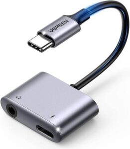 UGREEN 2-in-1 USB-C to AUX 3.5mm Audio With USB-C PD Charger Adapter, Earphone Converter with DAC Chip, 24bit/96Khz, 60W PD, QC 3.0 18W Charging, Wide Compatibility, Grey | 60164