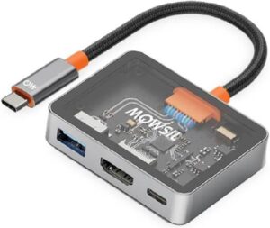 MOWSIL USB-C Hub 3-in-1, Type-C to HDMI 4K 30Hz, USB 3.0, Type-C PD 100W, Aluminium Alloy, Braided 9CM Cable, LED Indicator, Compact & Portable 9cm Cable, Gray | MOCHB3