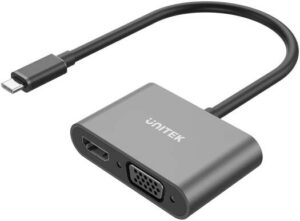 Unitek USB-C to HDMI and VGA Adapter, 1080P VGA & 4K HDMI Output, Plug And Play, Extend & Mirror Mode, Compact And Portable, Aluminium Alloy Material, Black | V1168A