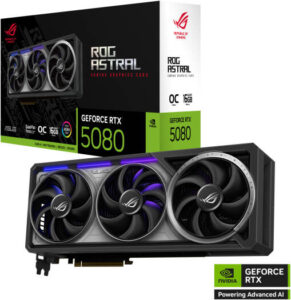 ASUS ROG Astral GeForce RTX 5080 OC Graphics Card, 16GB GDDR7 256-Bit Memory, 10752 CUDA Cores, 30 Gbps Memory Clock, PCI Express 5.0 | 90YV0LV0-M0NA00