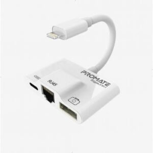 Promate GigaLink-I Lightning Hub, 3 in 1 RJ45 Ethernet LAN Wired Network Adapter, USB OTG Camera Adapter Kit, 2A Pass, Syncing Adapter for Apple iPhone XS Plus/iPad/iPad Pro, White | Gigalink-I
