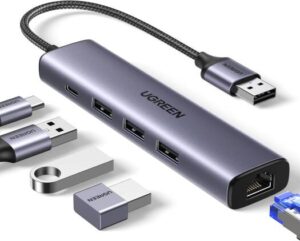 UGREEN CM475 USB To Ethernet Adapter, 5 In 1 USB Hub With Ethernet, Plug And Play, Multiport Network Adapter With 3xUSB 3.0 Type-A Up To 5Gbps, Gigabit RJ45, USB-C Power Port, Black | 60554
