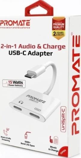 Promate 2-in-1 Audio and Charge USB-C Adapter, 15W Power Delivery, dual ports for Listing to audio | UniSplit-C - Image 3
