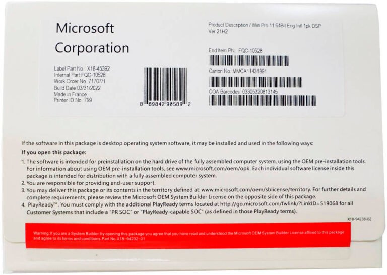 Microsoft Windows Pro 11 64Bit DVD, English International, 1 Pack, Ver 21H2 | FQC-10528 / FQC-10529