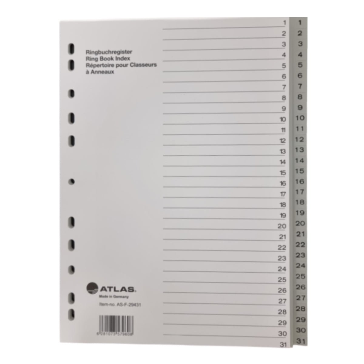 Atlas Divider Plastic PVC Grey A4, with numbers 1-31 - Image 1