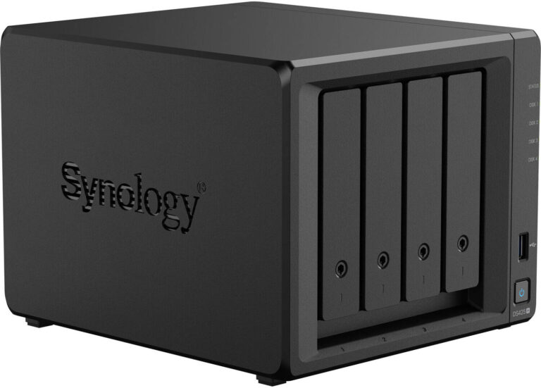 Synology DiskStation DS425+ 4-Drive Bays NAS Server, Intel Celeron J4125, 2GB Memory, 3.5″ SATA HDD, 2.5″ SATA SSD, M.2 2280 NVMe SSD Drive Types, Hot Swappable, Black | DS425+