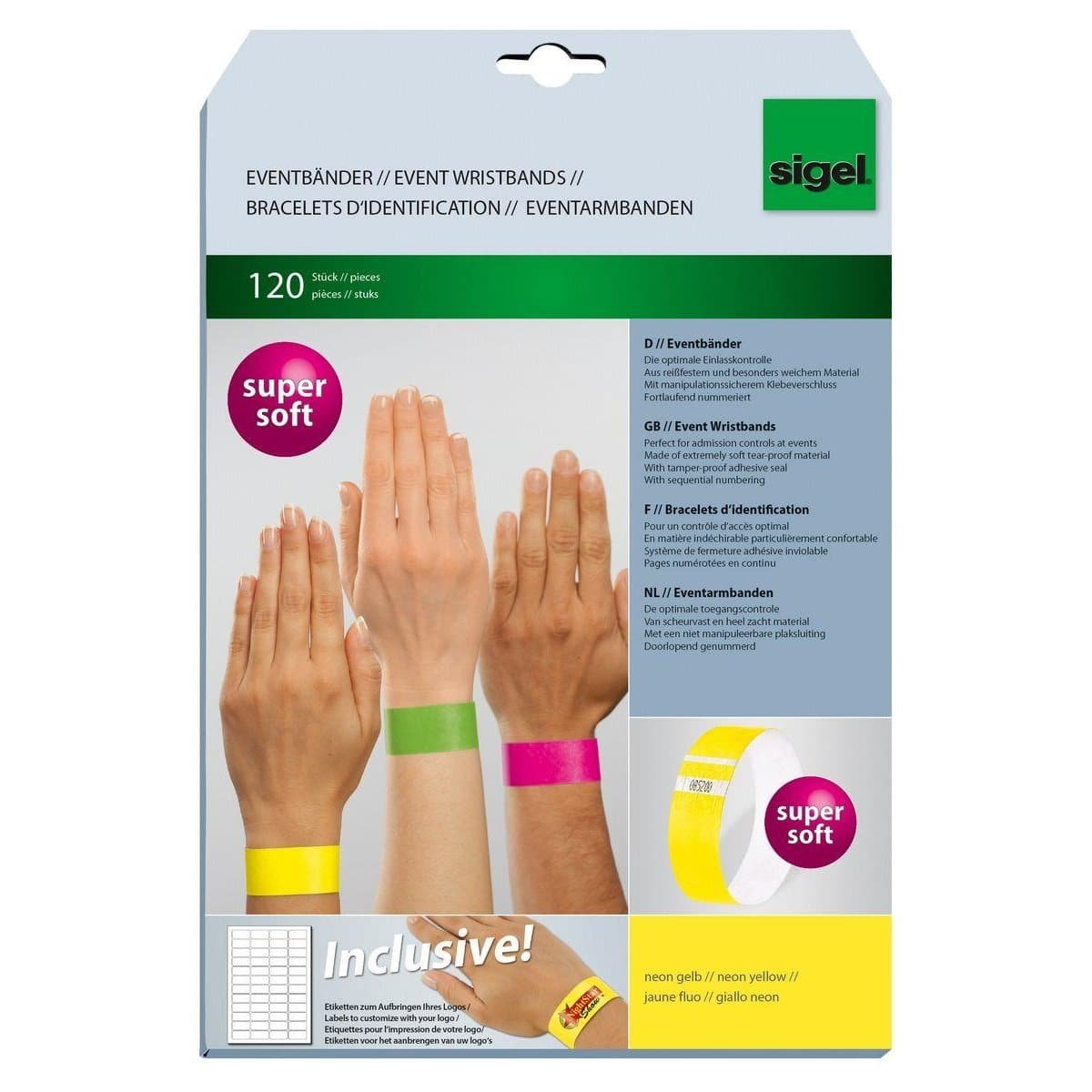 Sigel Event Wristbands Super Soft, adhesive seal, printable, Neon Yellow - Image 1