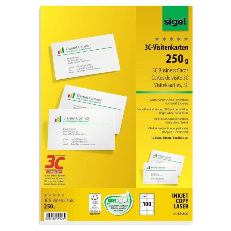 Sigel Business Cards for Ink/Laser/Copy, 3C, 85×55 mm, 250gsm, 100/pack, White