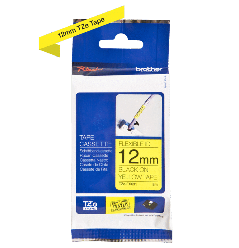 Brother TZe-FX631 12mm Flexible Black on Yellow TZe tape for P-touch Label Printers