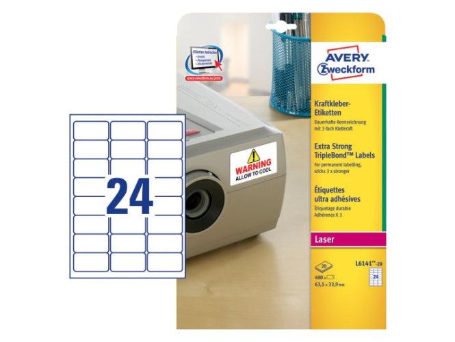 Avery L6141-20 Extra-Strong Adhesive TripleBond Labels, 24 Labels Per A4 Sheet