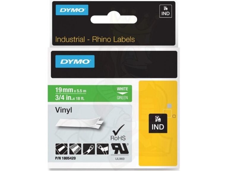 Dymo Rhino 1805420 Vinyl 19mm White on GreenTape