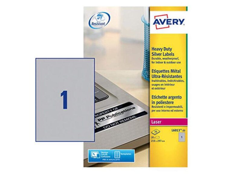 Avery L6013-20 Extra-Strong Adhesive Silver Heavy Duty Labels, 1 Label/Sheet, 20labels/pack