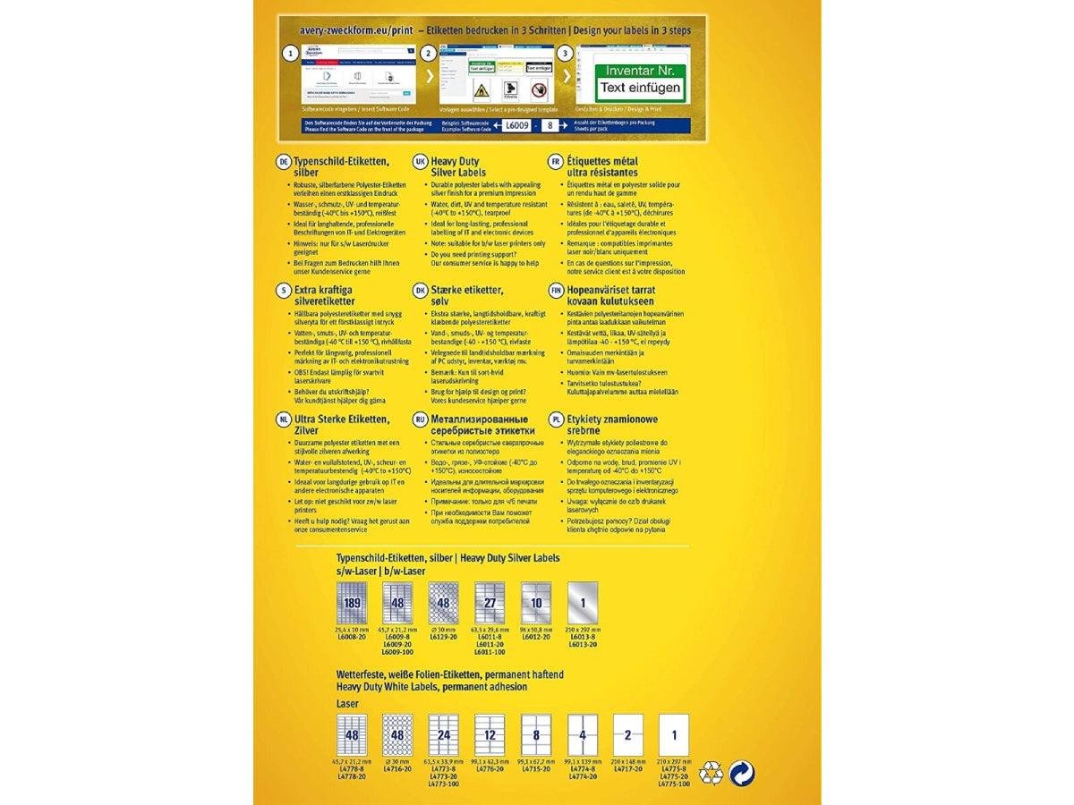 Avery L6013-20 Extra-Strong Adhesive Silver Heavy Duty Labels, 1 Label/Sheet, 20labels/pack - Image 2
