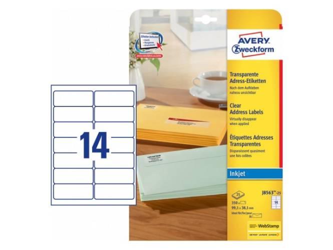 Avery J-8563-25 Clear Address Labels With Quick Peel, Inkjet, Permanent, 99.1 X 38.1m 14Labels-Sheet, 25Sheets-Pack
