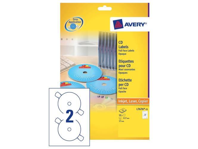 Avery L7676-25 Full Face CD Labels (117mm, 2 Labels Per Sheet, 25 Sheets) White