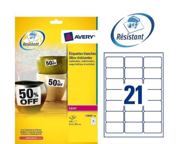 Avery Heavy-Duty Laser Labels, 63.5 x 38.1mm, [Pack of 20] 420 Labels – Ref: L7060-20