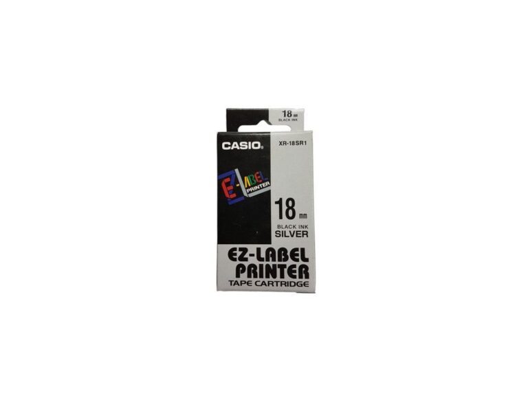 Casio XR-18SR1 Tape Cassette, 18mm X 8mm, Black on Silver