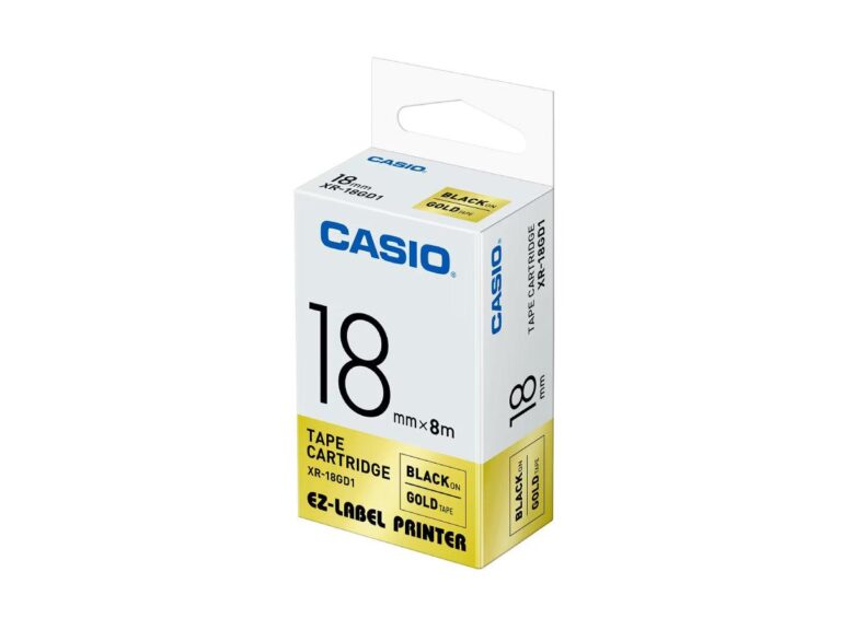 Casio XR-18GD1 Tape Cassette, 18mm X 8mm, Black on Gold