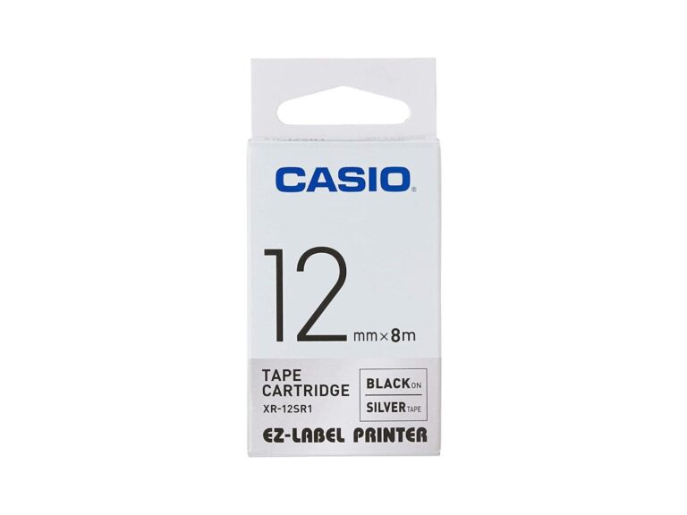 Casio XR-12SR1 Tape Cassette, 12mm X 8mm, Black on Silver