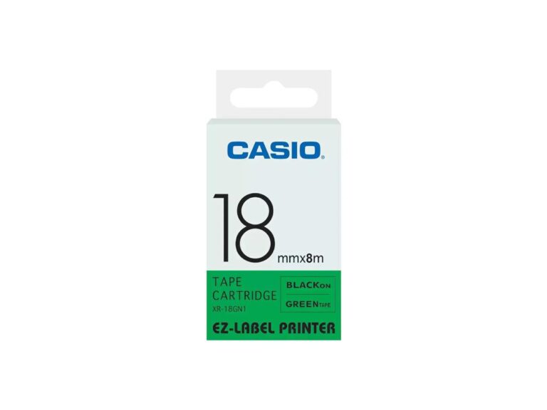 Casio XR-18GN1 Tape Cassette, 18mm X 8mm, Black on Green