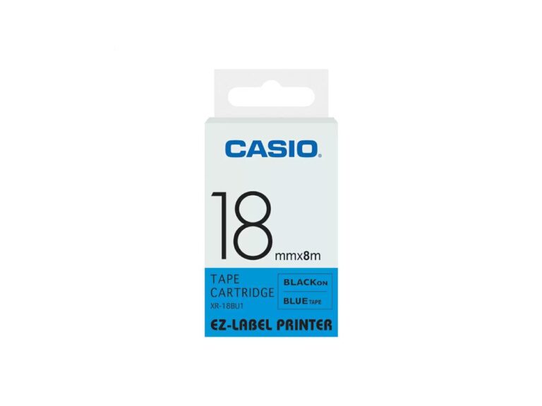 Casio XR-18BU1 Tape Cassette, 18mm X 8mm, Black on Blue