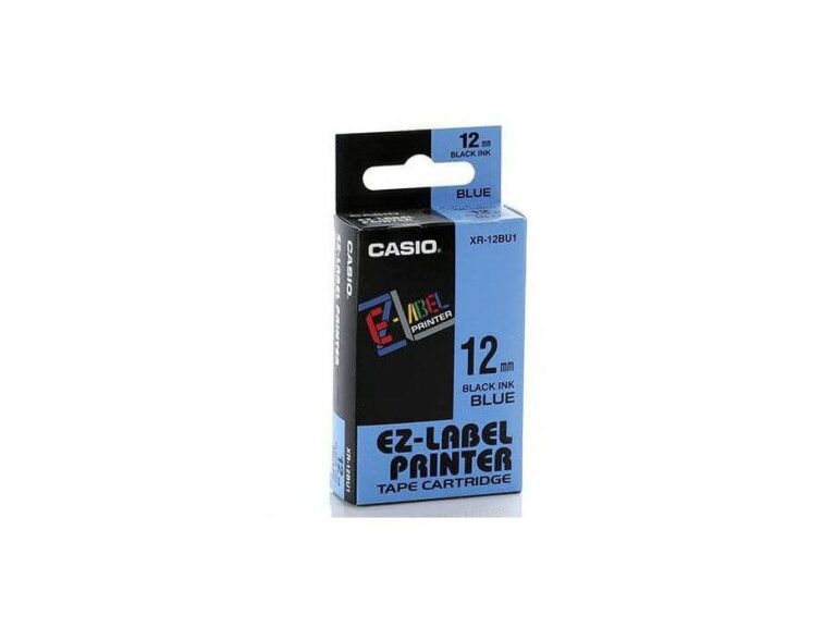 Casio XR-12BU1 Tape Cassette, 12mm X 8mm, Black on Blue