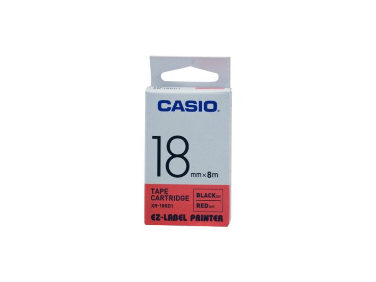 Casio XR-18RD1 Tape Cassette, 18mm X 8mm, Black on Red