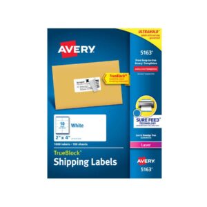 Avery TrueBlock Shipping Labels, Sure FeedTM Technology, Permanent Adhesive, 2″ x 4″, 1,000 Labels (5163)