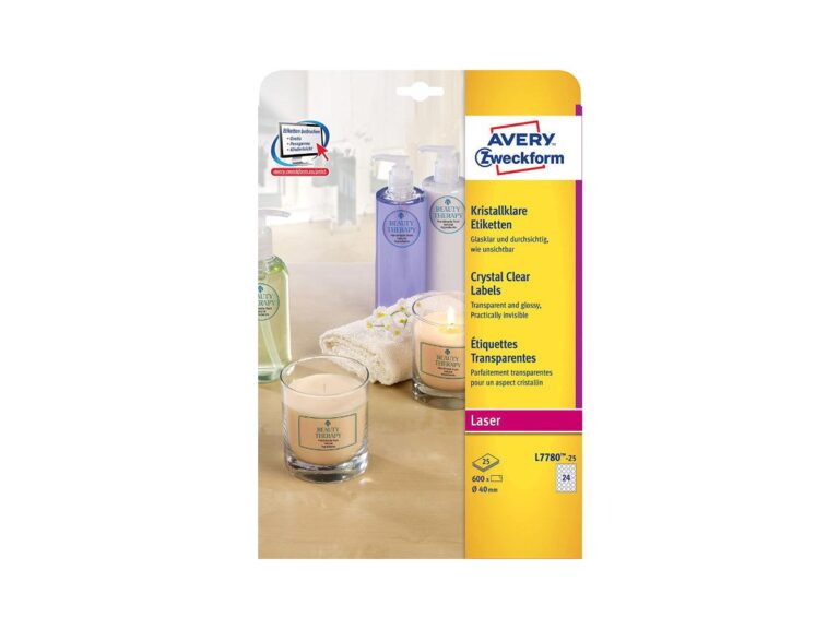 Avery L7780-25 Crystal Clear Round Labels, 40mm, 24 Labels/Sheet (25 Sheets/pack)