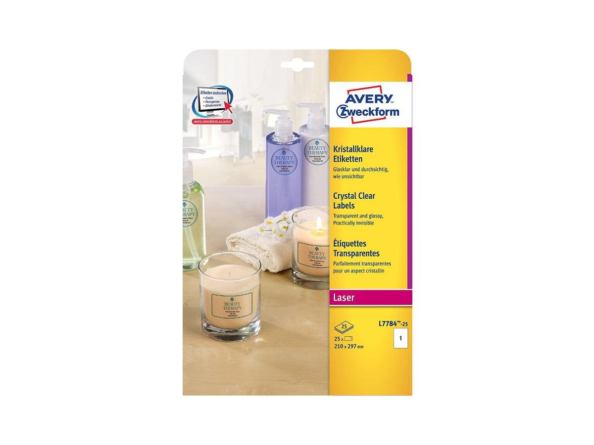 Avery Crystal Clear Labels, Rectangular, Clear, Laser, Permanent, 210x297mm, 25 Sheets/pack (L-7784) - Image 1