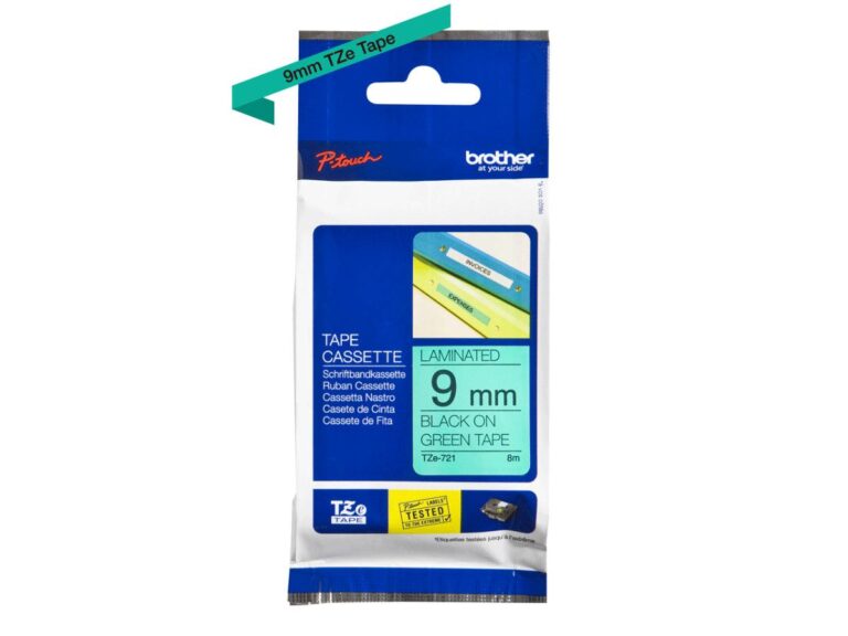 Brother P-touch 9mm TZ-721 Laminated Tape 8m Black on Green