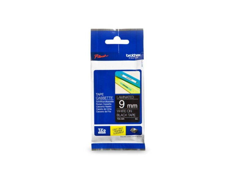 Brother P-touch 9mm TZ-325 Laminated Tape, 8 m, White on Black