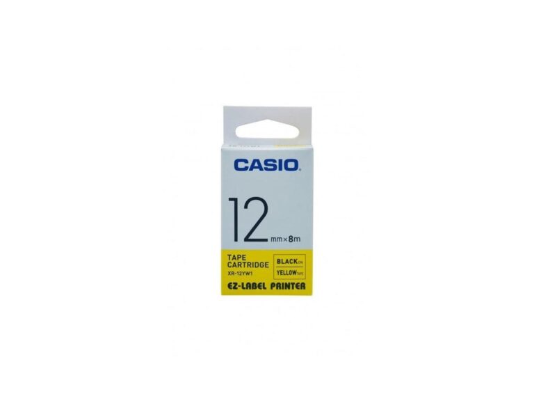 Casio XR-12YW1 Tape Cassette, 12mm X 8mm, Black on Yellow