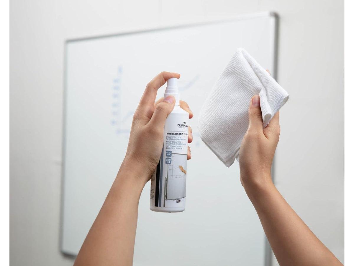 Durable Whiteboard Cleaning Kit, 250 ml Spray and 25 x 25 cm Microfibre Cloth - Image 2