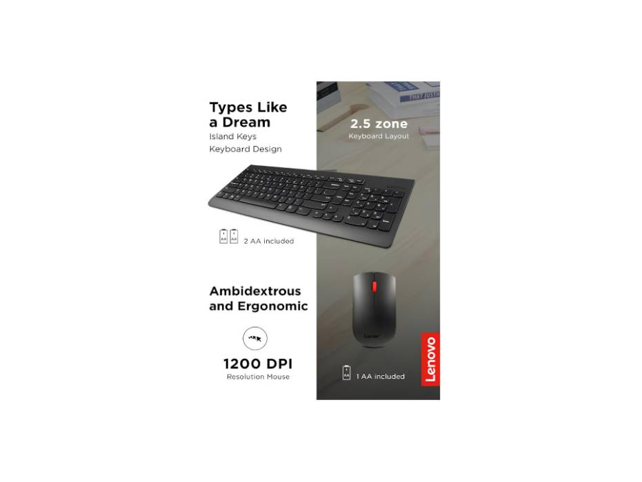 Lenovo GX30N81775 black keyboard and mouse angle view